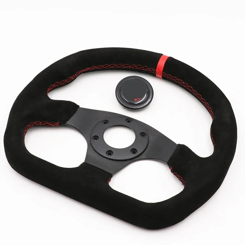 High Quality Universal 13inch Flat Red Suede Leather Drift Sport Steering Wheel Auto Modification Part