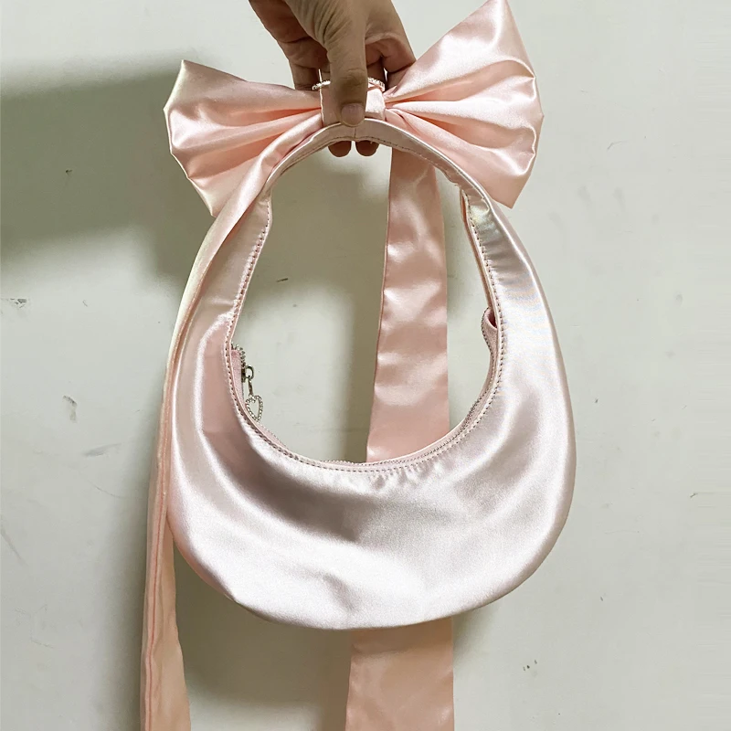 Bow Half Moon Pink Bags For Women Luxury Designer Handbags And Purses 2024 New In Fashion Heart Rhinestones Decorate Shoulder