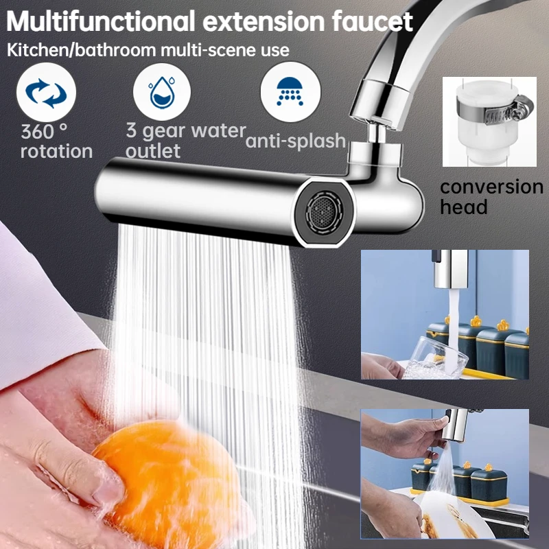 

Multi functional splash proof nozzle extension faucet, three water outlet modes, 360 ° rotation, bathroom/kitchen cleaning tool