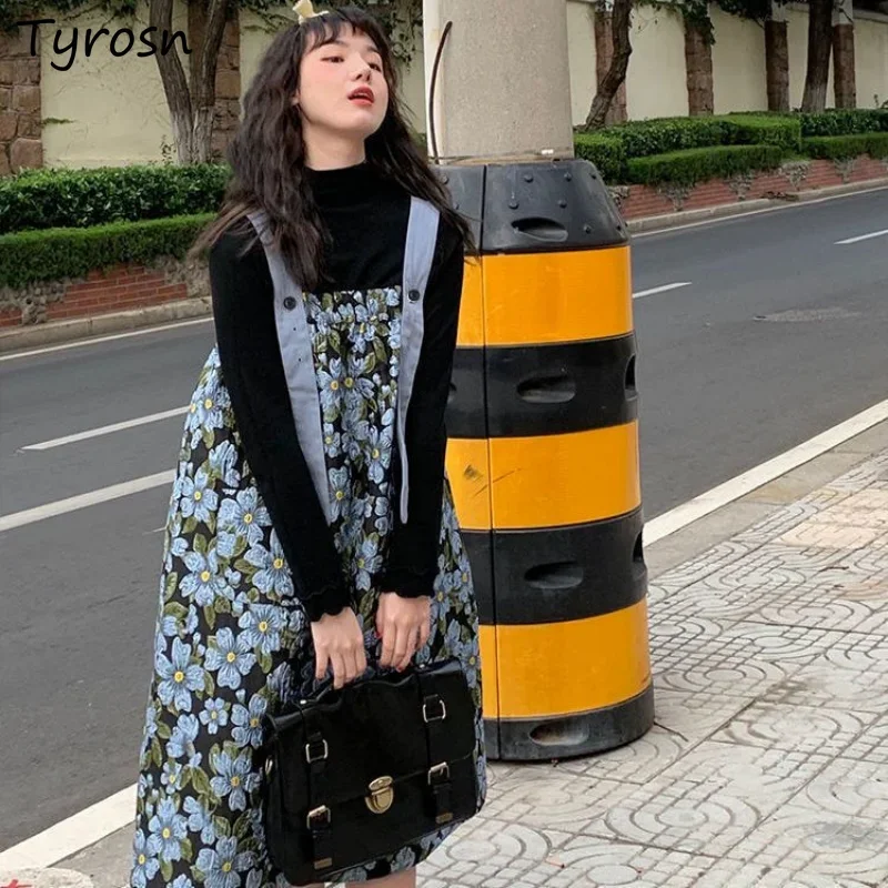 Dress Women Print Students Girlish Kawaii Daily Loose Vintage Midi All-match Comfortable Spring Designer Korean Style Elegant