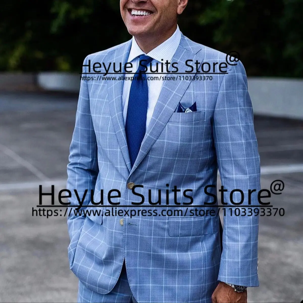 Traje informal a cuadros para hombre, esmoquin Formal con solapa y muescas, Blazer de negocios, color azul cielo, 2 piezas