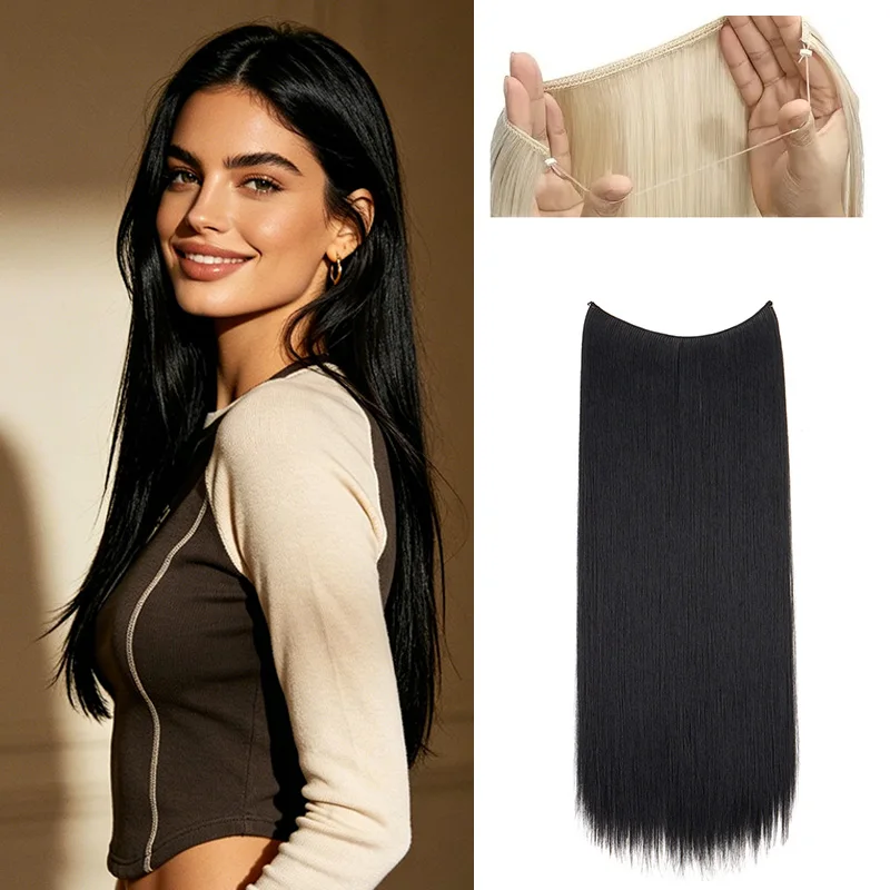 Extensiones de Cabello Sintético Liso de 22 Pulgadas con Hilo Invisible, Postizo de Halo, Fibra Resistente al Calor para Mujer