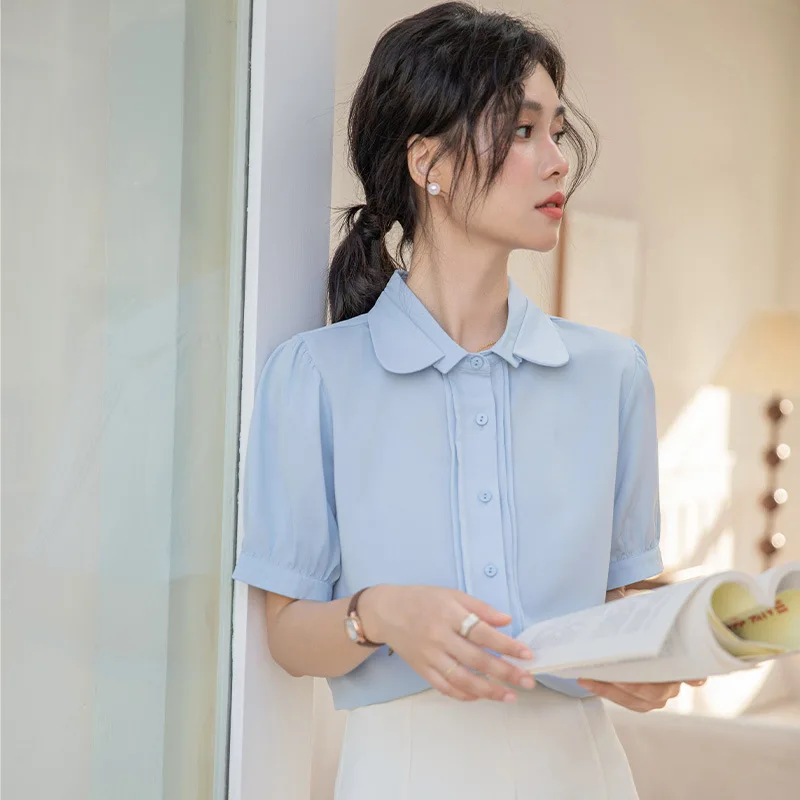 

Women's shirt French high-end doll collar blue short sleeved shirt summer OL commuting western-style top