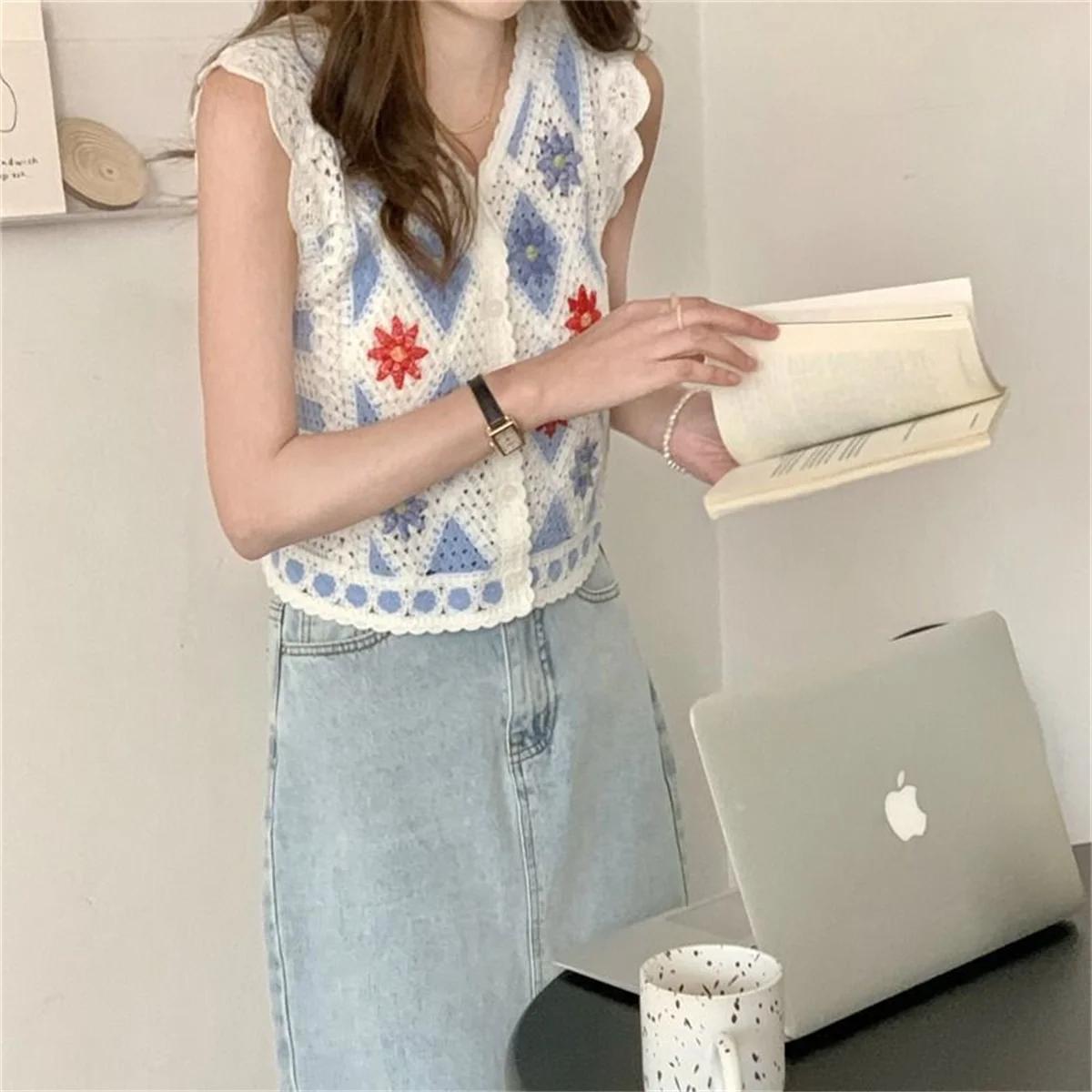 Cardigan  Women   Fashion  Summer  Cotton   Retro  Sleeveless   Stripe    Embroidery    Floral     Hollow  Vest  Casual