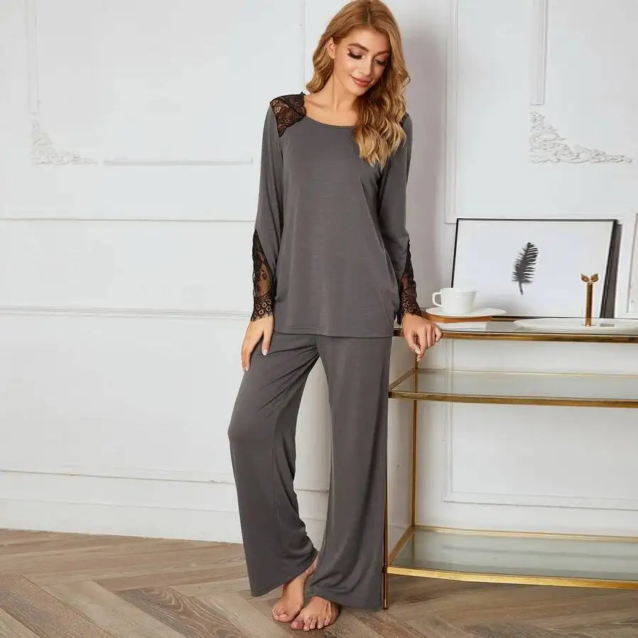 

Autumn Winter Women S Pama With Long Sleeves And Pants Two Pieces Of Imitation Cotton Lace Patchwork Home Clothing Set