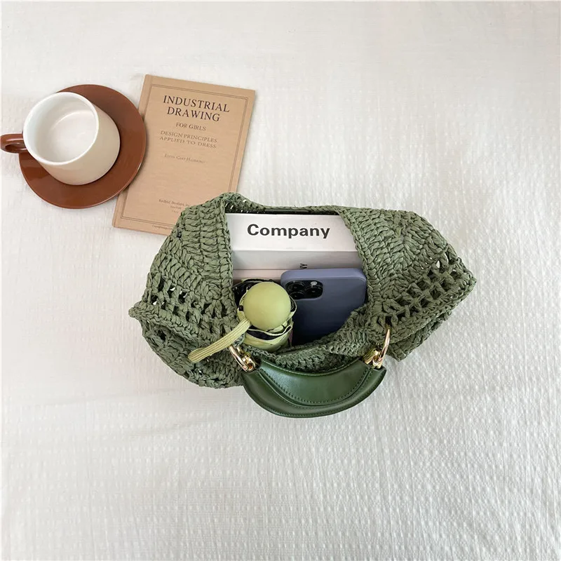 Women Crochet Straw Hobo Bag Faux Leather Handle Summer Beach Underarm Shoulder Purse 2026 Female New Trend Fashion Handbags