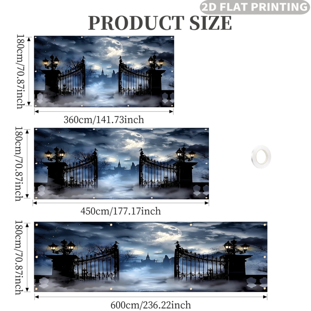 1pc 2D FLAT Gothic Gate Moonlit Night Scene Garden Privacy & Protective Screen, Decorative Polyester Banner, Ideal for Garden