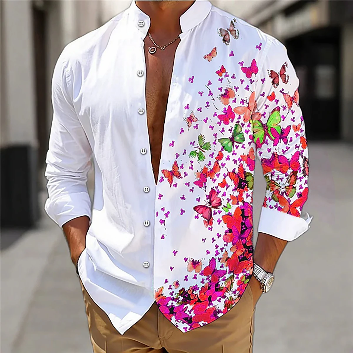 Men\'s Shirt Butterfly Pattern 3D Printing Stand Collar Daily Casual Long Sleeve Shirt XS-6XL Fast Shipping