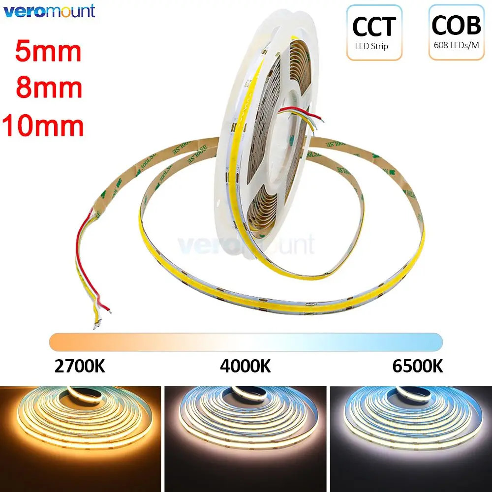 

5m COB CCT LED Strip 12V 24V DC 600/608LEDs/m FCOB Dimmable Dual White 5mm 8mm 10mm PCB High Density Flexible Linear Tape 3 Wire