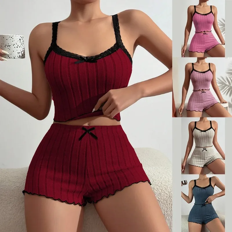 

Мягкий пижамный комплект для женщин: домашняя одежда, милый кружевной укороченный топ и шорты, пижама для отдыха