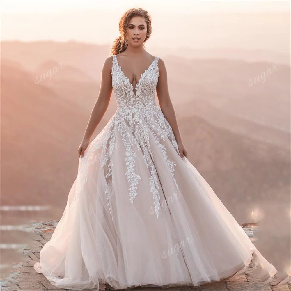 A Line Tulle Wedding Dress for Women Lace Applique Bridal Gown Sexy V Neck Sleeveless Formal Party Dresses robe de mariée