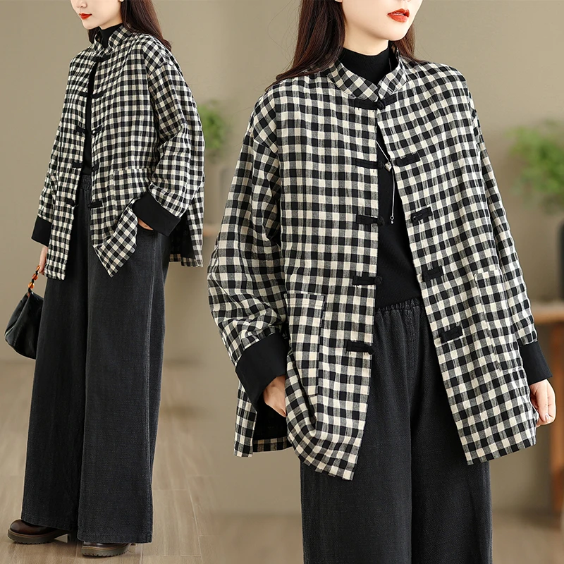 

Зимнее клетчатое свободное утягивающее хлопковое льняное пальто в китайском стиле на пуговицах, женское пальто Faion со сложенным эффектом