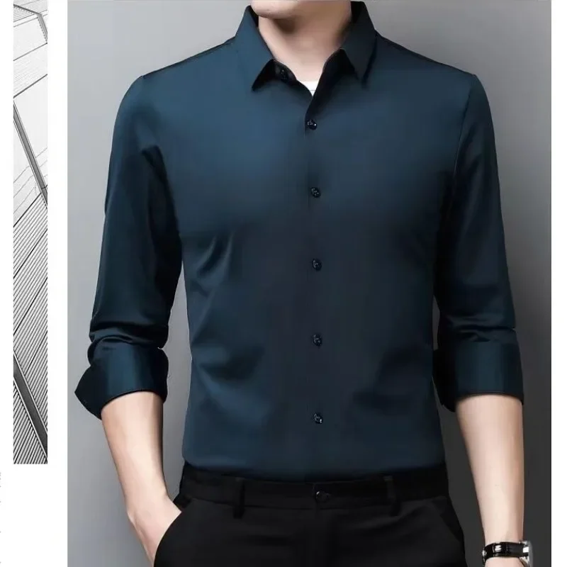 

High Quality Silk worm Silk Long Sleeve Shirt Spring Autumn Men No Trace No Ironing Lapel High-grade Shirt High Appearance Level