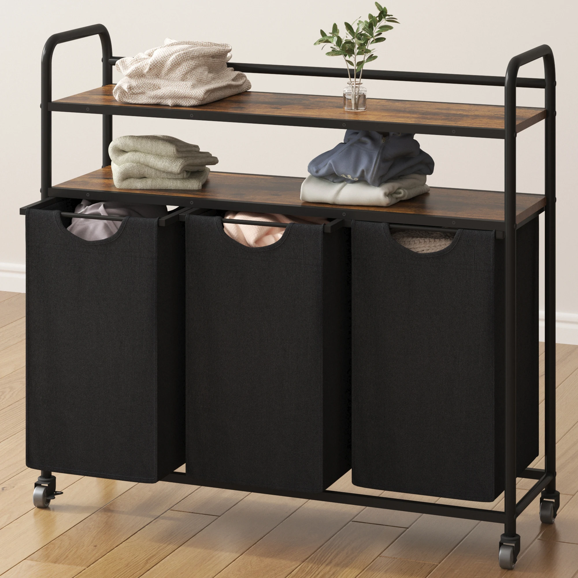 Hzuaneri Panier à linge 3 compartiments, 3 x 46L, Collecteur de linge avec 2 étagères, Trieur de linge, Sac à linge extensible