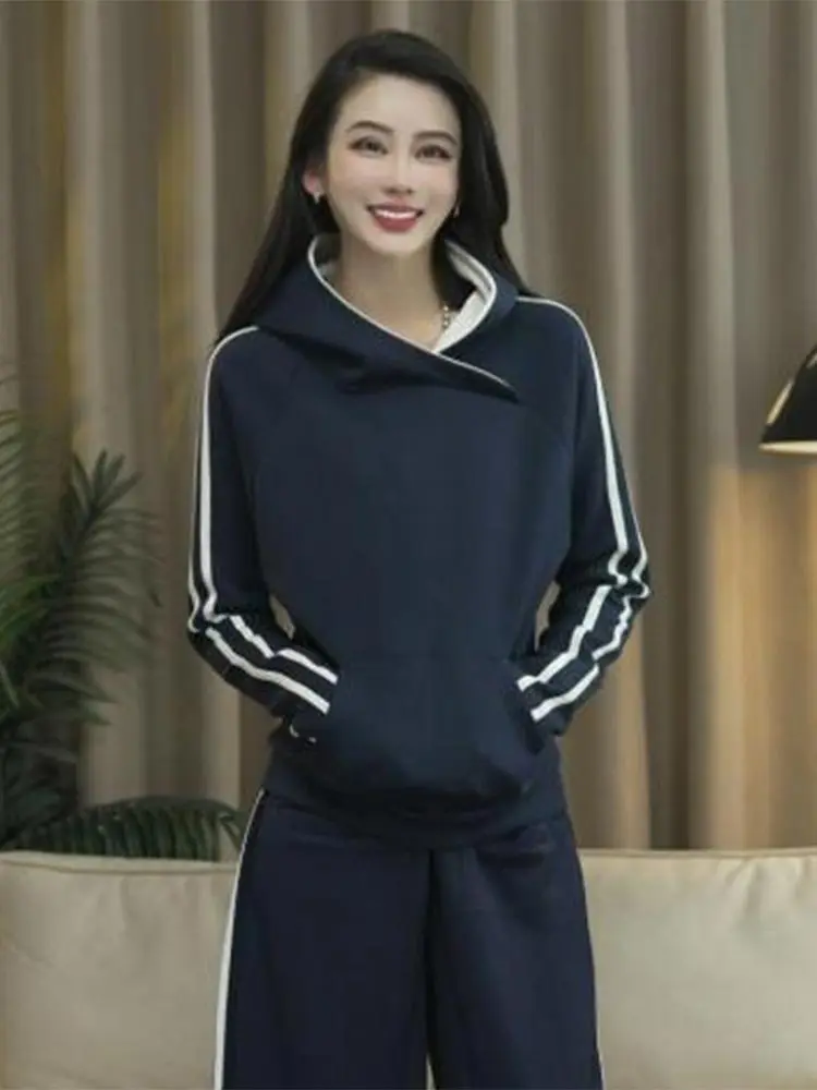

American Style Striped Hoodie Women's Spring Autumn New Fashion Loose Color Block Casual Sports Top Quality Premium Garment