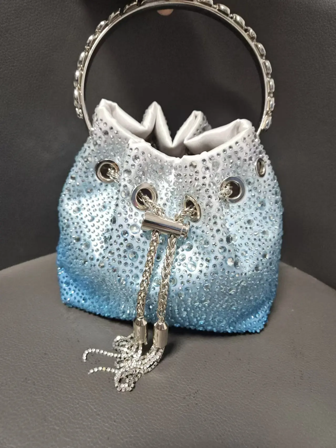 2024 New Blue Shining  Rhinestone Bucket Bling Purse Evening Bag For Women