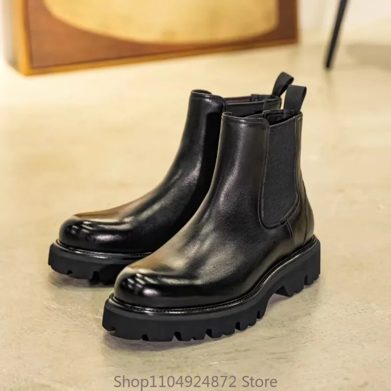 British-style Men's High-top Chelsea Boots Genuine Leather Thick-soled Business Ankle Boots Outdoor Hiking Work Boots