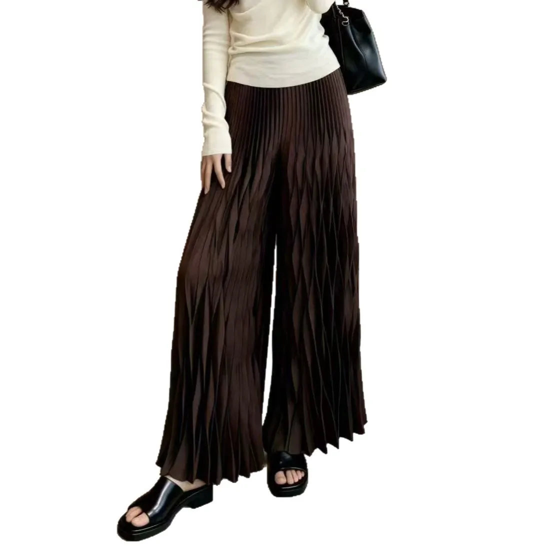 Miyake High-Quality Elastic High Waist Women's Pleated Wide Leg Pants Draped Loose Casual Straight Long Trousers Chic