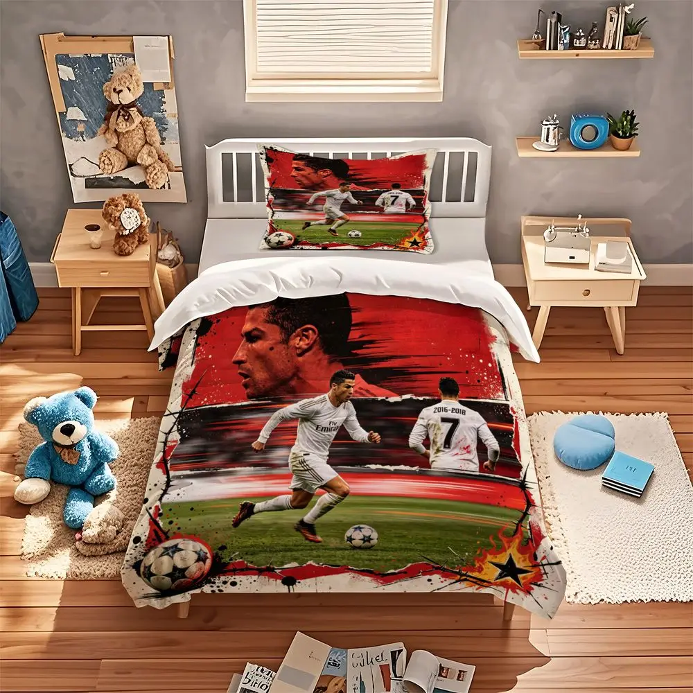Soccer Duvet Cover Set 3D Digital Print Bedding Set with Grunge Barbed Wire and Champions League Ball for Sports Fans