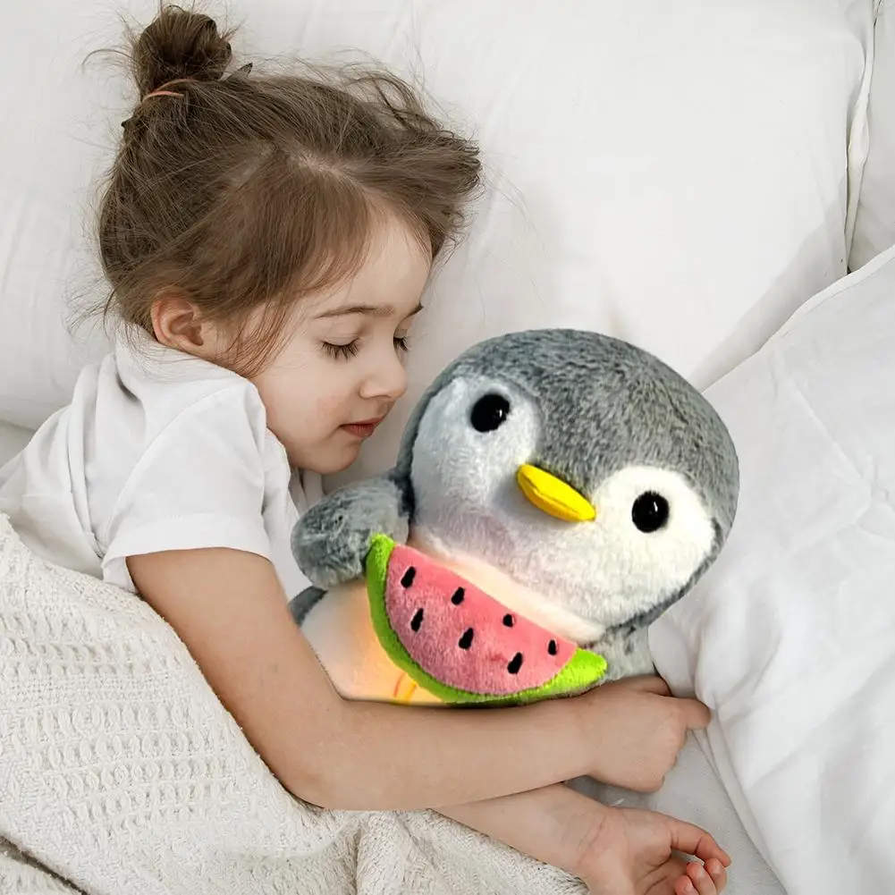 Breathing Little Penguin Sleeping Doll Simulation Animal Plush Toy Glowing and Making Sounds Cute Pillow 28cm Baby Soothing Toy