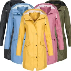 2024 New Arrival Women Clothes Solid Rain Waterproof Jacket Coat Outdoor Hoodie Long Overcoat Plus Size Duster Coats For Women