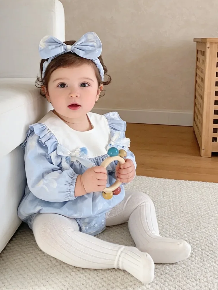 Cute baby clothes women's treasure sweet bag fart clothes blue bow Full Sleeve dress girls' spring princess clothing Rompers