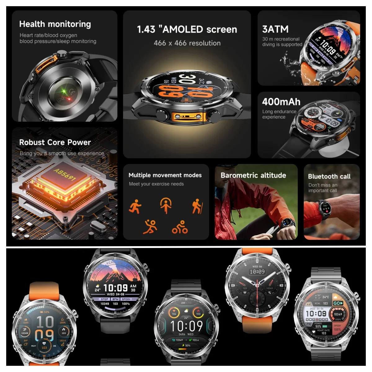 VWAR Sport Smart Watch with LED Flashlight Compass Barometer Men's Smartwatch 3ATM Waterproof Bluetooth Call for Xiaomi Huawei