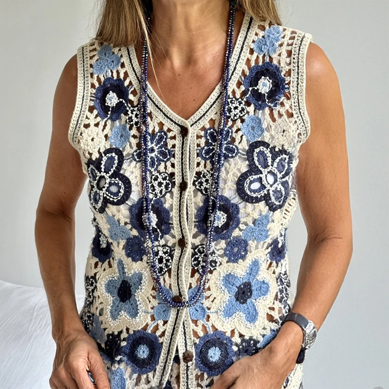 Beaded Floral Crochet Vest for Women Sheer Button Front Sleeveless Open-knit Waistcoat Top Teen-girl Summer Boho Vacation Outfit
