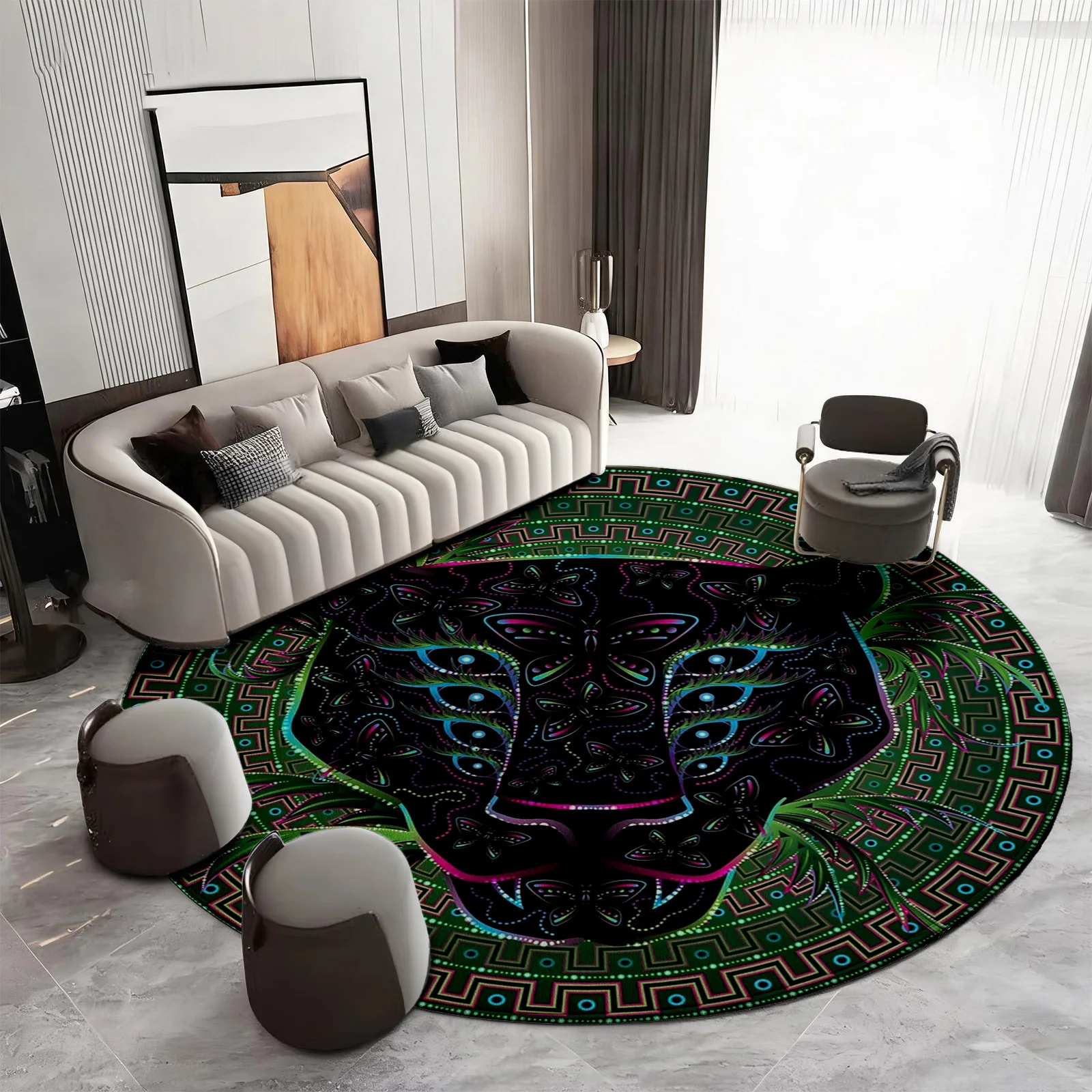 Bohemian Tribal Jaguar Print Round Area Rug Ethnic Moroccan Style Living Room Boho Floor Mat Decor Statement Carpet