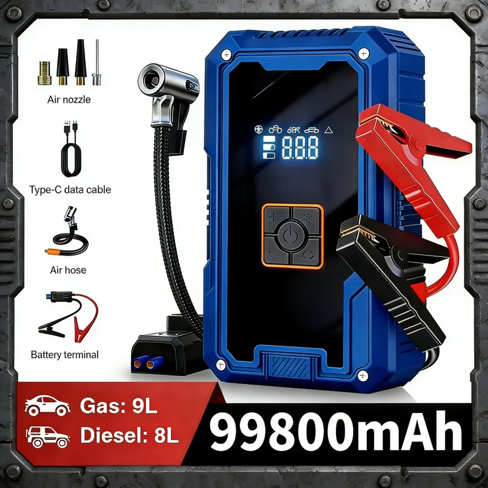 

Пусковое устройство для автомобиля 3000А, портативное пусковое устройство для аккумулятора автомобиля с воздушным компрессором, внешний аккумулятор 99800 мАч с фонариком и пусковыми кабелями