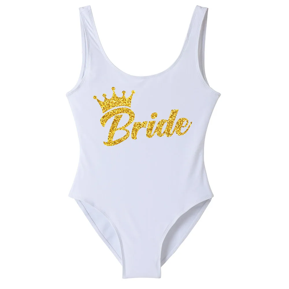 

S-3XL Glitter Gold Print Team Bride Bikini Swimsuit With A Crown One Piece Bathing Suits Bride Squad Swimwear For Bachelorette