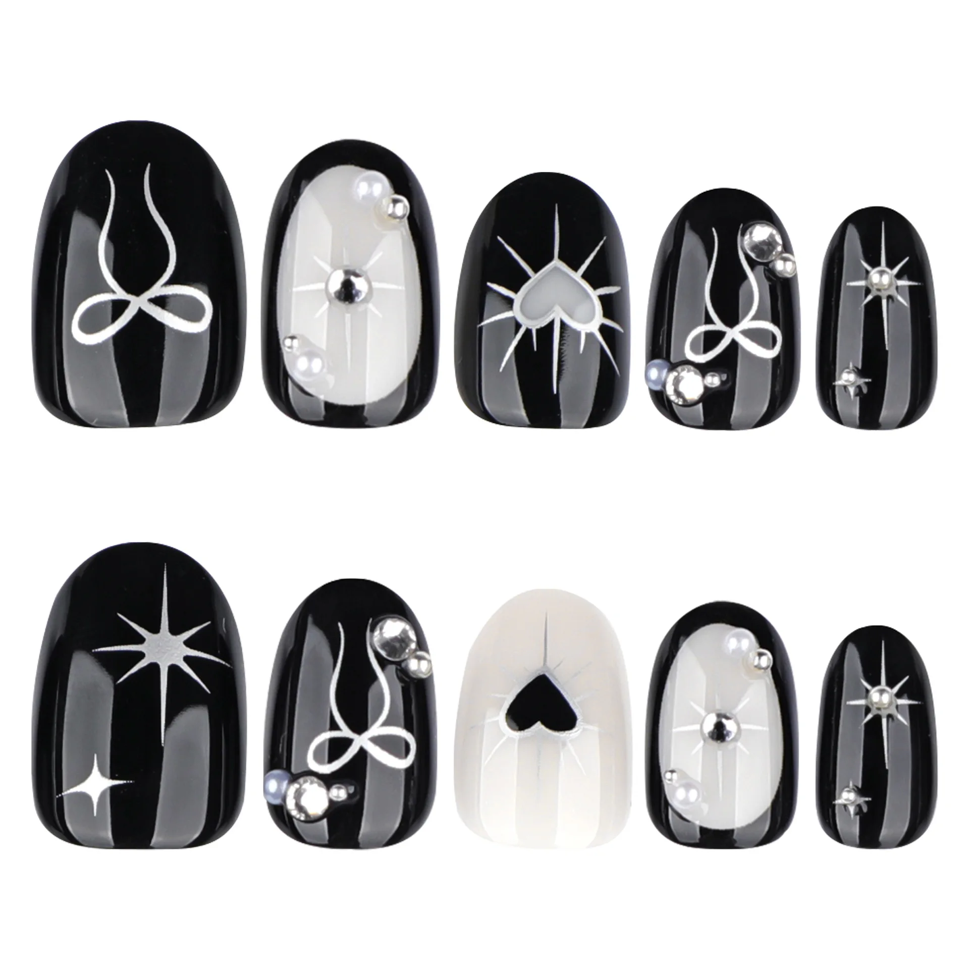 Black Short Oval Shaped False Nails 24Pcs Y2K Girls Press On Nails Love Heart/Star/Bowknot Designs Gothic Style Fake Nails