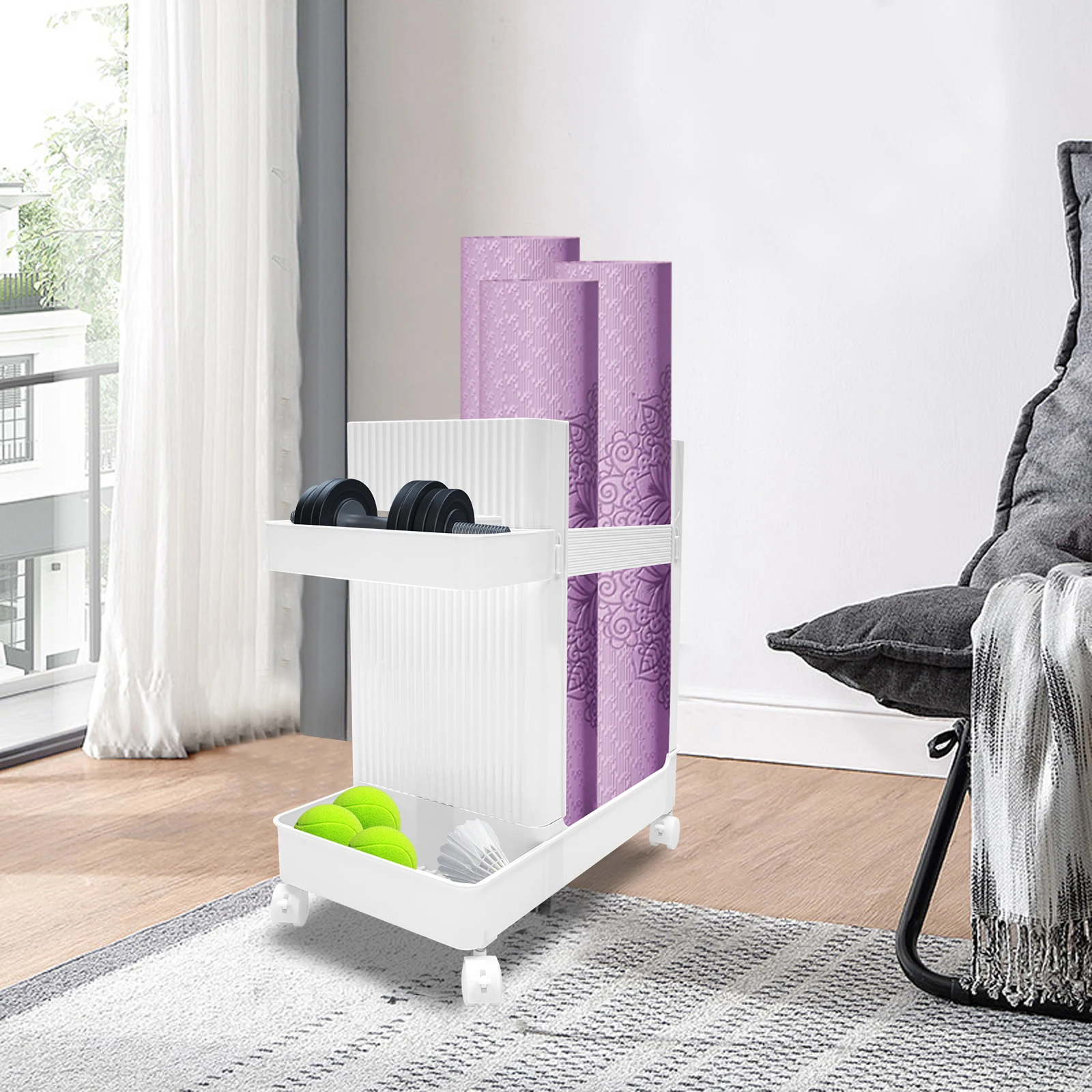 

Weight Rack Stand Small Gym Rack Yoga Rack Workout Equipment Storage Cart for Weights, Dumbbells, Yoga Mats, Kettlebells-White