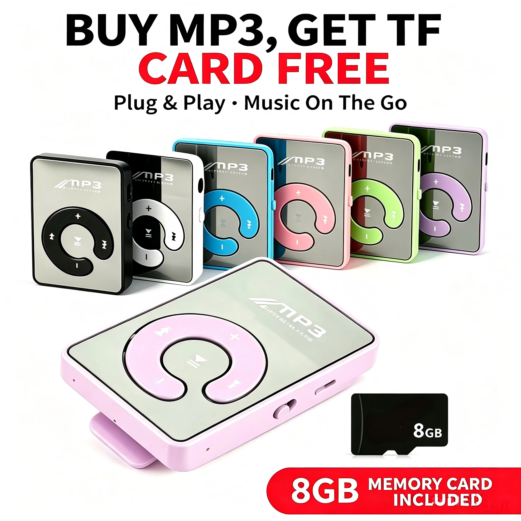 Mini Clip MP3 Music Player with Free 8GB TF Card, Portable Mirror Surface Walkman, USB Digital Music Media Player Support Micro