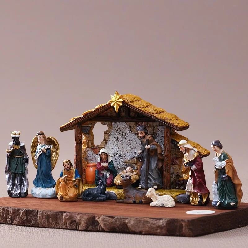 5cm Classic Christmas Nativity Scene Resin Set With House Gift Box Table Centerpiece Home Display For Family Kids Holiday Gift