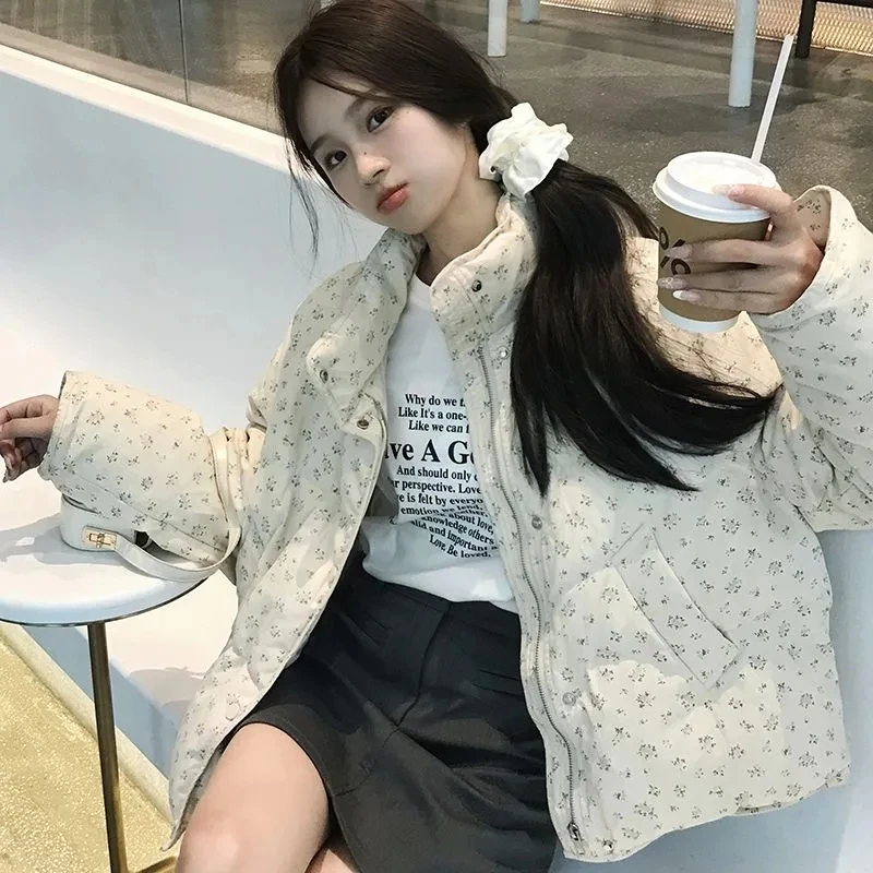 Inverno nuove Parka donna moda coreana casual tutti abbinati dolce allentato piccolo piumino floreale femminile spesso caldo capispalla per studenti