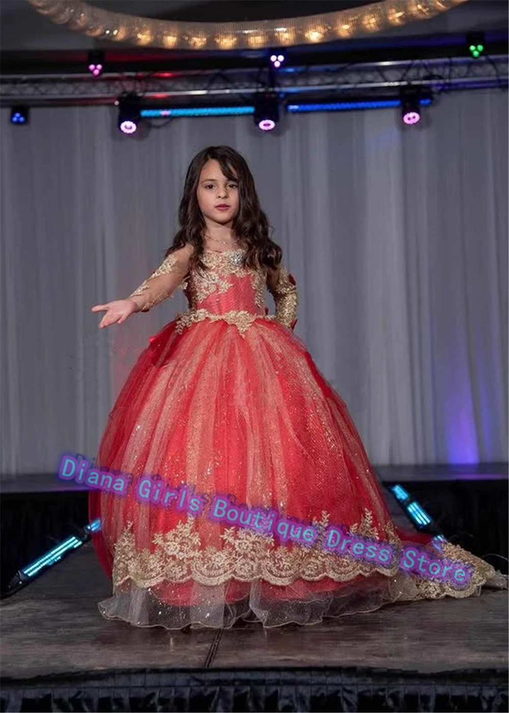Elegant Flower Girl Dress Red Tulle Fluffy Lace Gold Printing Appliques Wedding Kids Birthday Party Evening Customised Gowns