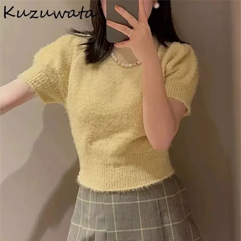 Kuzuwata giappone 2024 Chic O collo manica a sbuffo maglia Top dolce fresco solido Pullover lavorato a maglia tutto-fiammifero inizio autunno donna