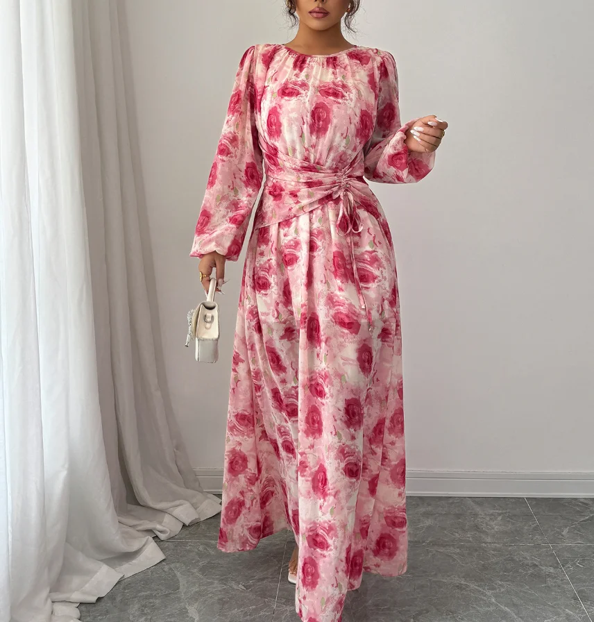 

Womens Dresses 2025 Spring New Fashion Floral Printed Long Sleeved Casual Round Neck High Waist Ruched Long Skirt Dress