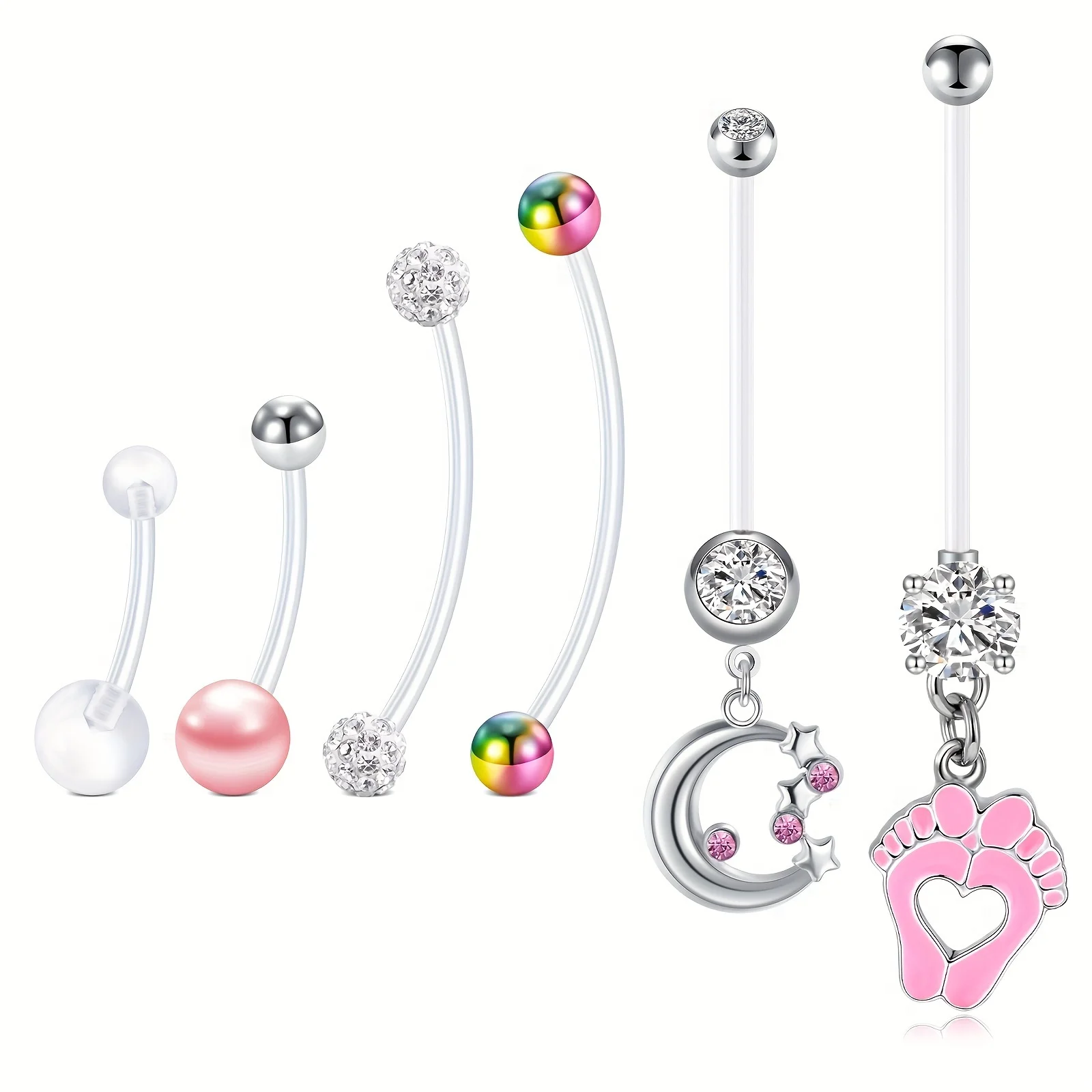 6pcs Belly Button Rings,14G Flexible Plastic Belly Bar With Zirconia And Pendant Heart Foot Maternity Pregnancy Belly Piercing