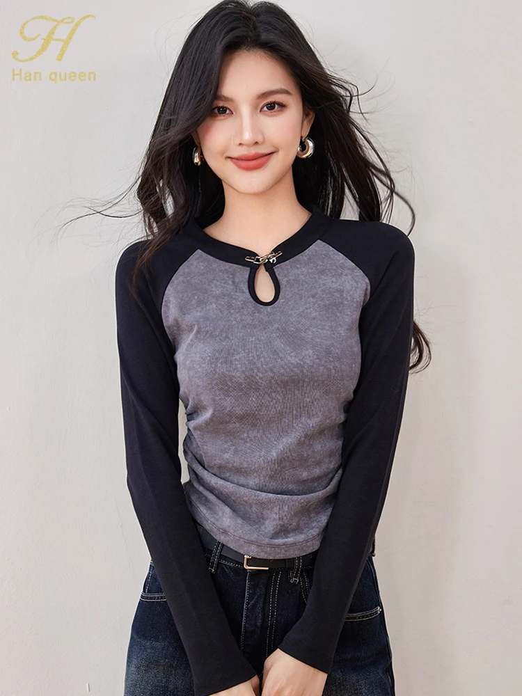 

H Han Queen Korean Style Office Female Long Sleeve Casual Tops Women Loose Tee Women's Clothing Contrast Color Autumn T-Shirts