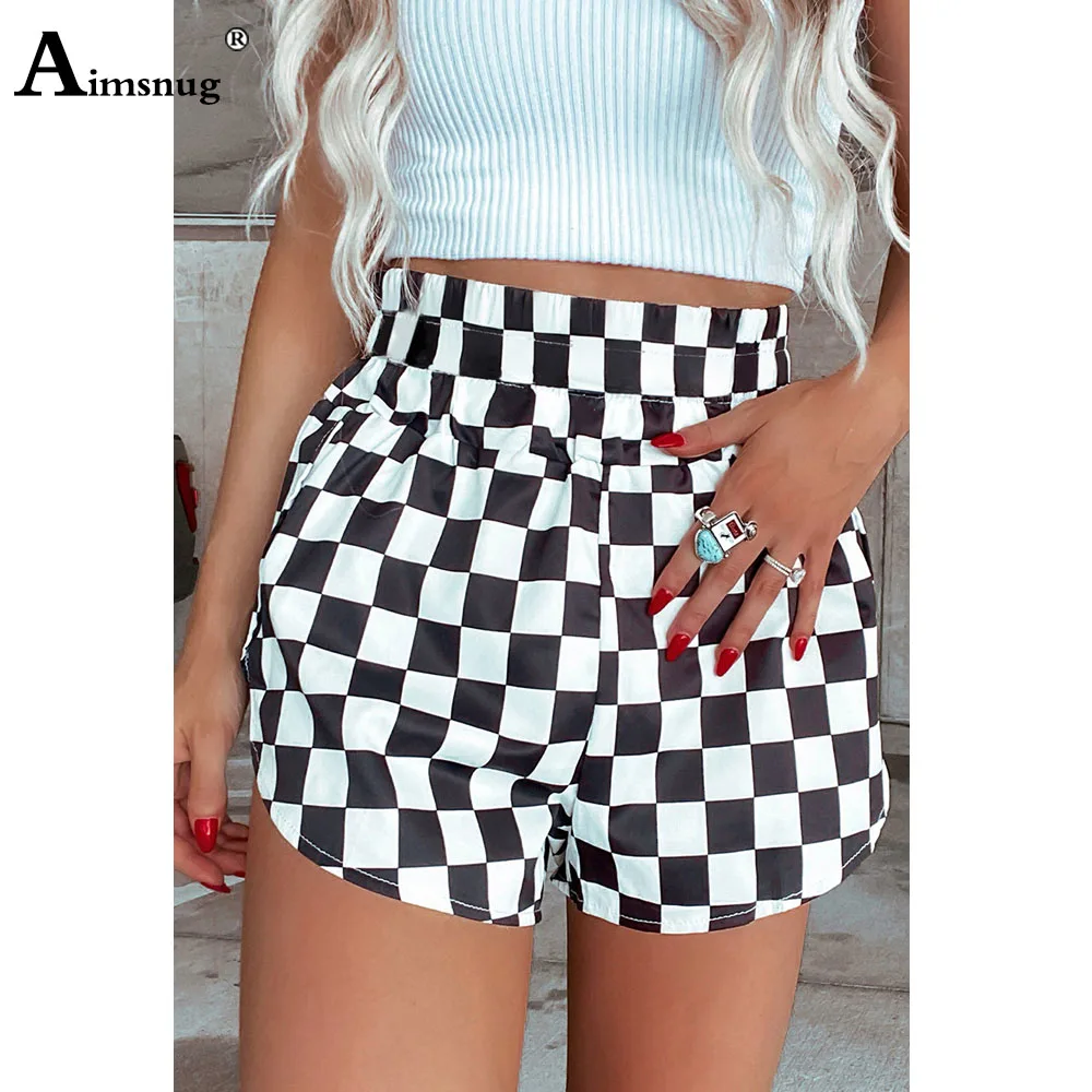 2025 Women's Stand Pocket Casual Beach Shorts High Cut Elastic Waist Fashion Retro Plaid Shorts Women Irregular Short Pants New