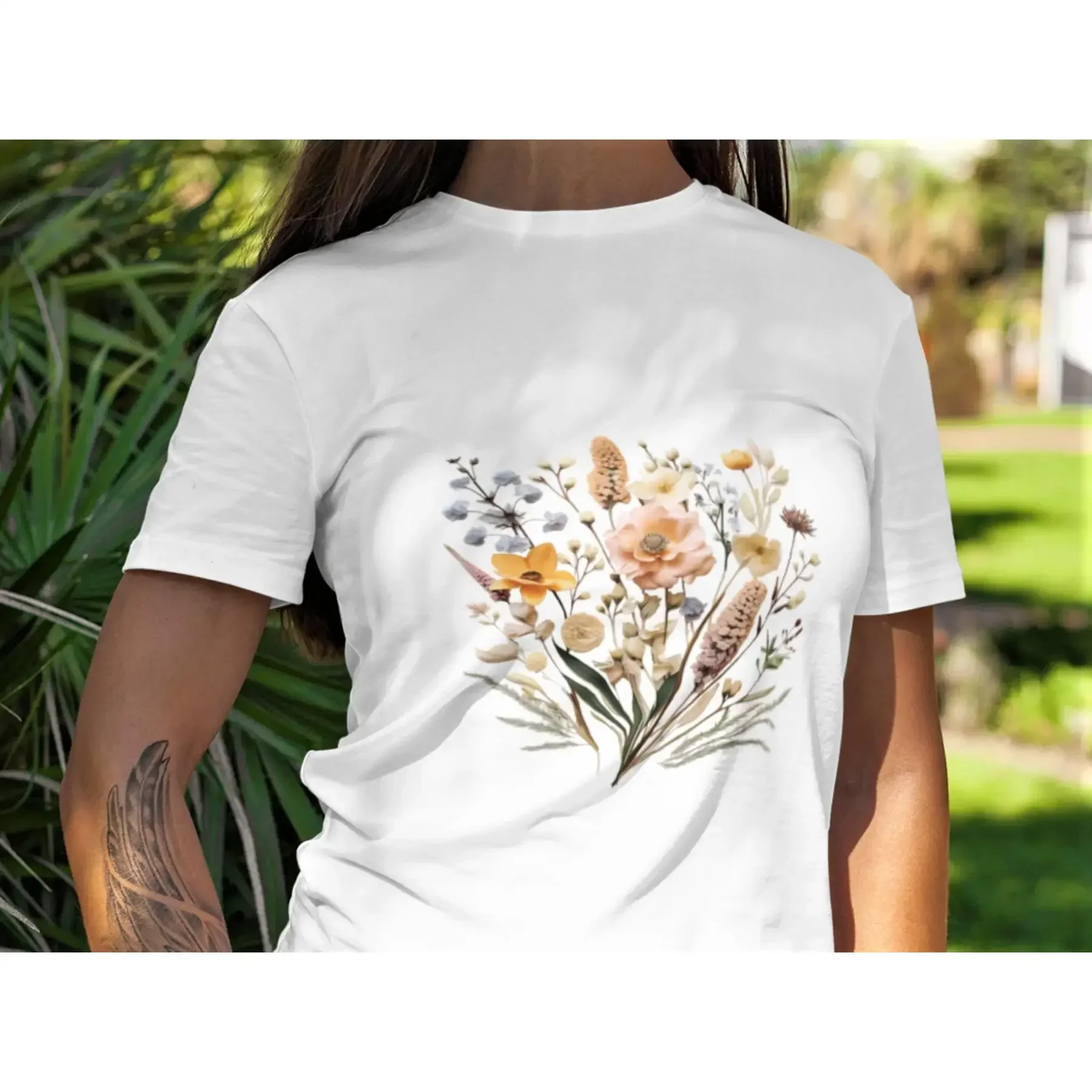 Pressed flowers T Shirt Heavy Cotton Wildflower vintage floral dried plants design Boho Cottage Core top gift