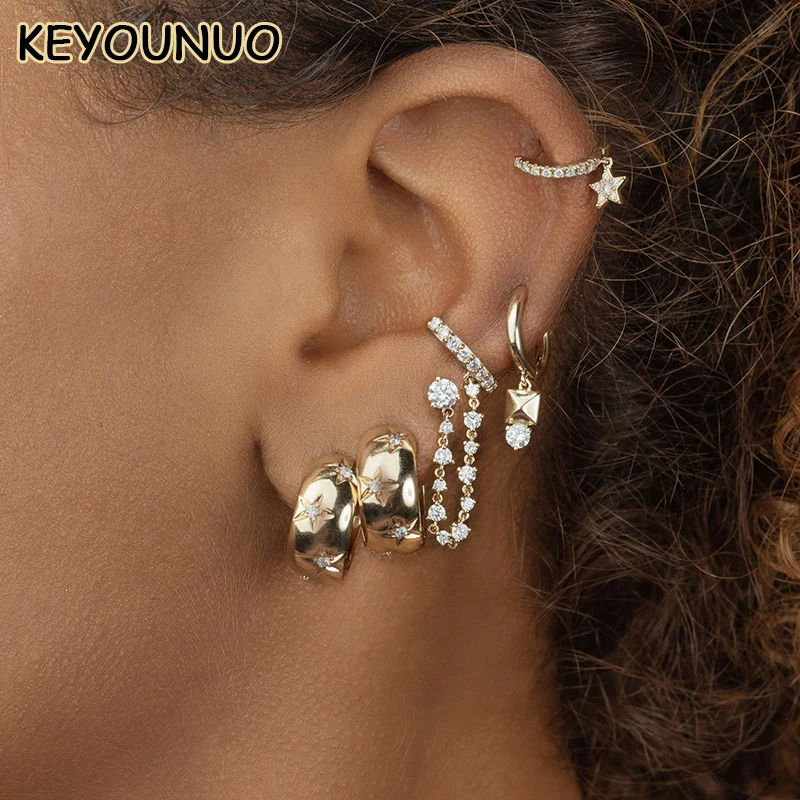 KEYOUNUO Gold Filled Heart Star Hoop Earrings For Women Snake Ear Cuffs Zircon Drop Stud Earring Fashion Party Jewelry Wholesale