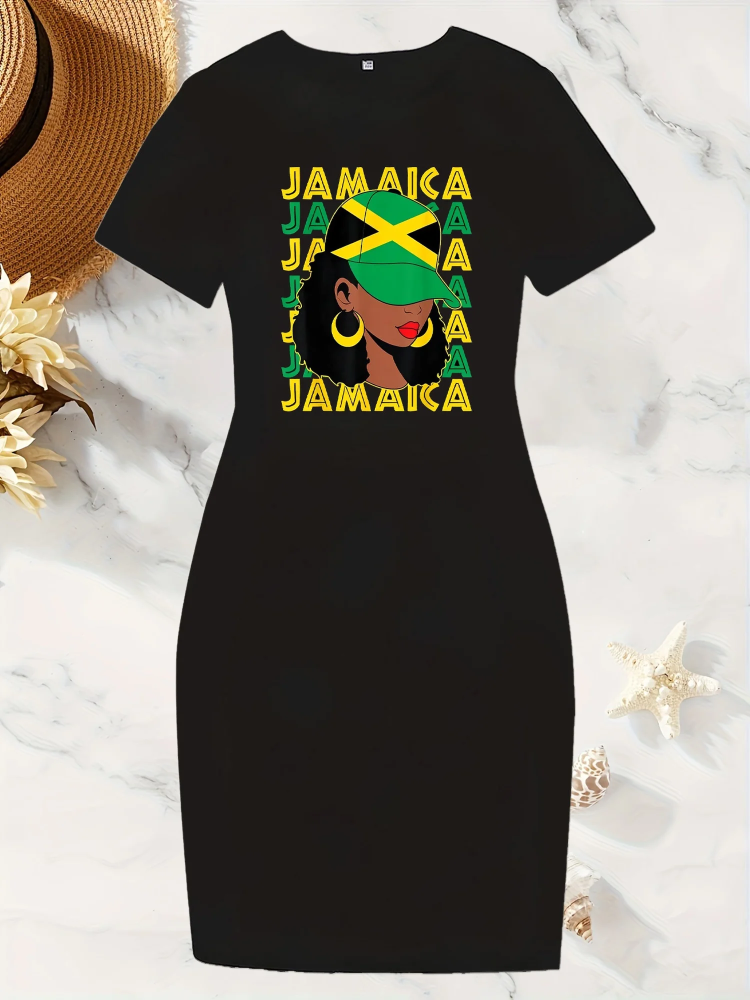 

Женское элегантное платье больших размеров с короткими рукавами Ямайка с графическим принтом, эластичное облегающее черное платье с акцентами, летняя повседневная одежда