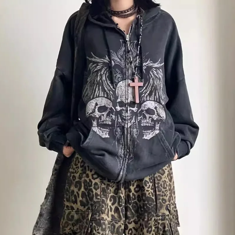 

Dark Y2K Gothic New Hip Hop Trend Zipper Long Sleeves Hoodie Street Casual Loose Vintage Print Sweatshirt Unisex Hooded Coat