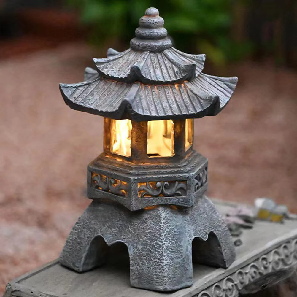 Solar LED Stone Pagoda Lantern Waterproof Resin Tower Statue Light Non-Fading Stone Tower Ornaments Durable for Balcony Driveway