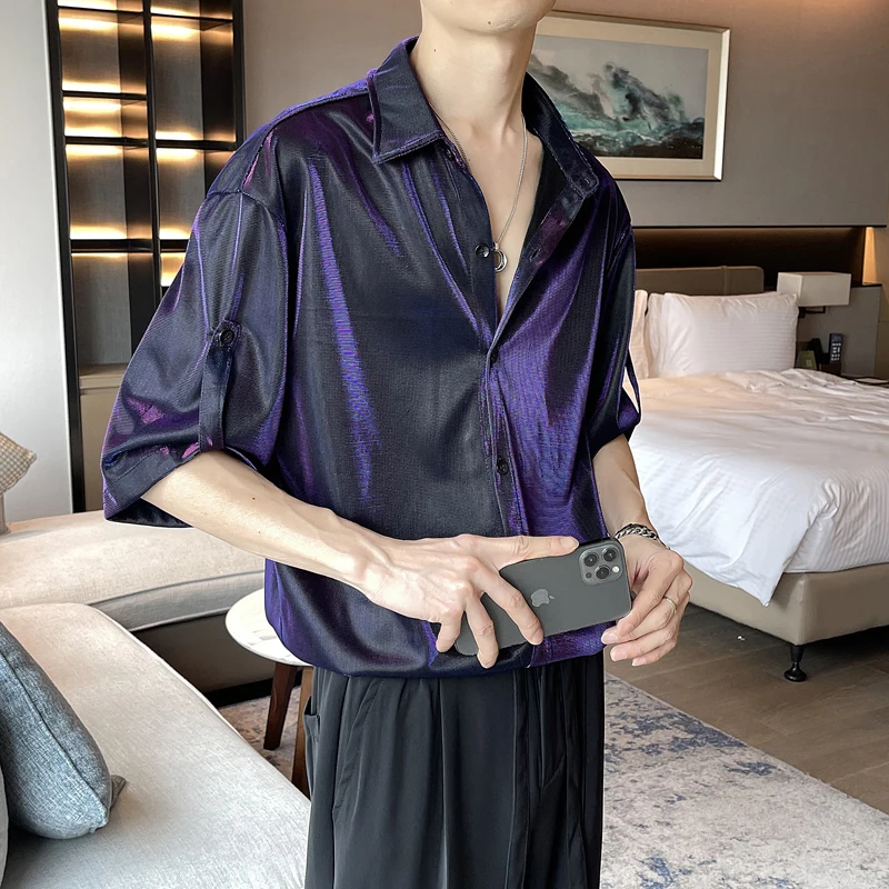 Men Shiny Design Casual Shirt Trendy Handsome Shirts Fashion Loose Half Sleeve Tops Korean Style Personality Clothing