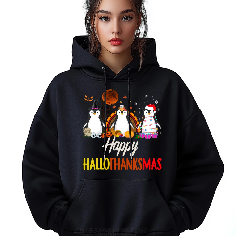 

Happy Hallothanksmas Santa Penguin Halloween Thanksgiving Printed Hoodie Hoodies Man Tops Hoodies Large Size Creative