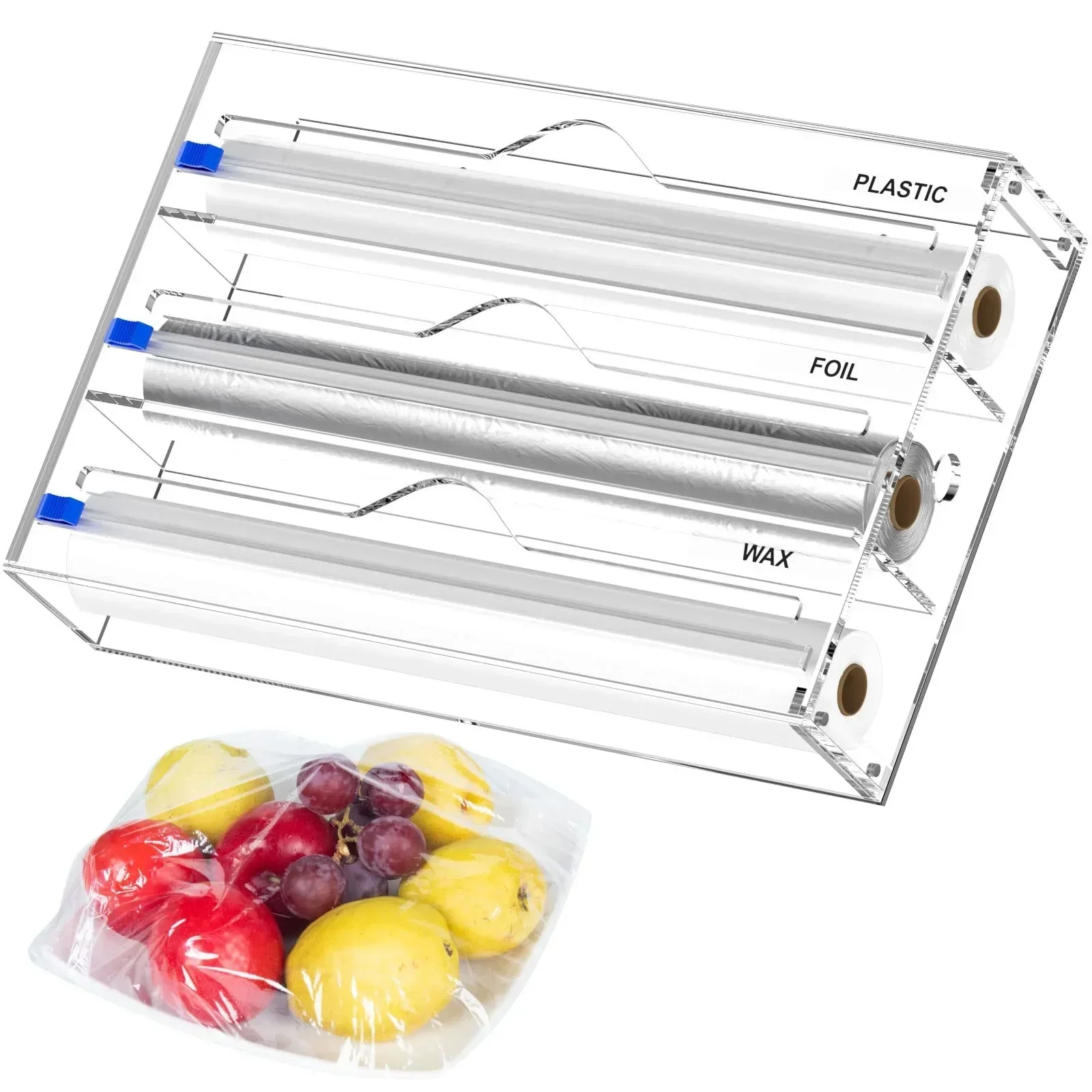 3 IN 1 Plastic Wrap Dispenser with Cutter Food Wrap Cling Film Storage Organizer Acrylic Foil Organizer for Kitchen Drawer